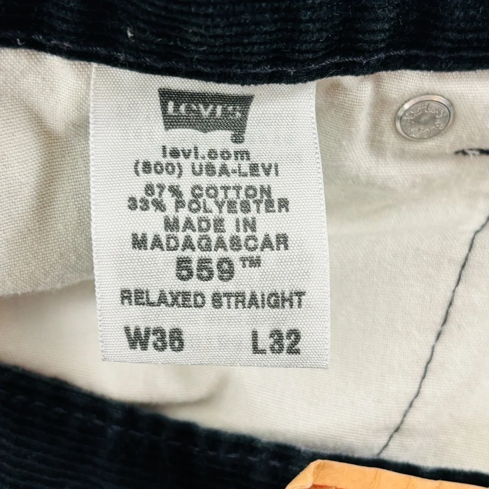 Levi's 559 Corduroy Pants Mens 36x32 Black Relaxed Fit Straight Leg‎ Y2K Baggy